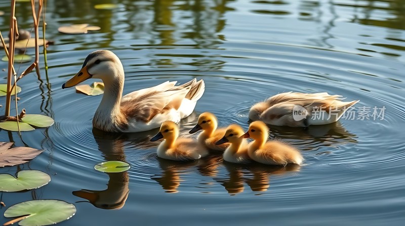 母鸭带小鸭游弋在荷叶间