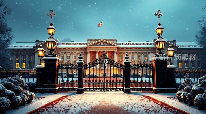 白宫雪夜灯光璀璨红毯迎宾国徽高悬
