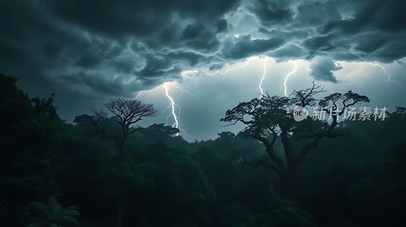 雷雨夜森林闪电