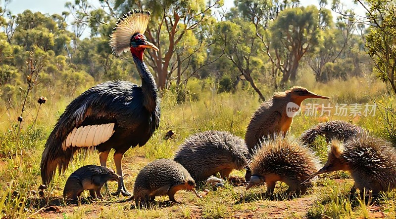 非洲草原上的鸵鸟和豪猪