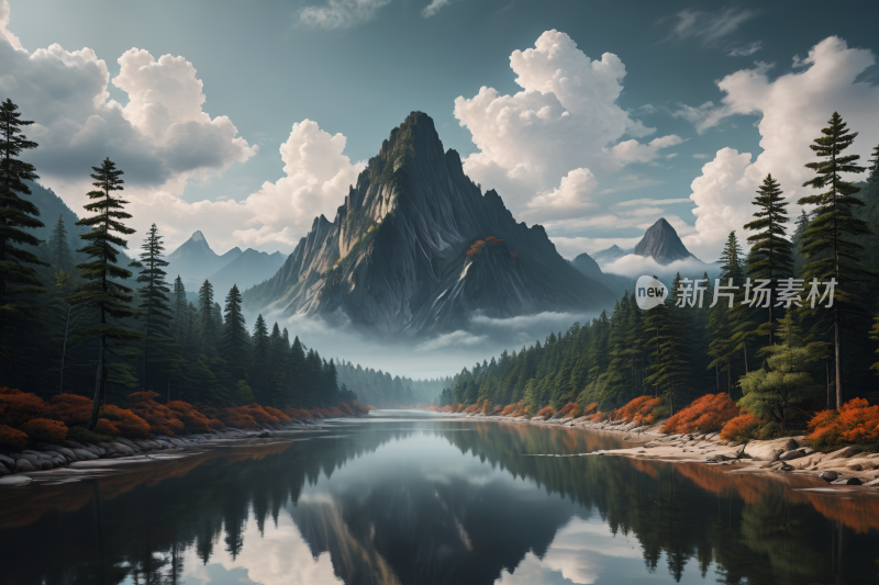 山和树倒映一条静止的河流中风景插画图片