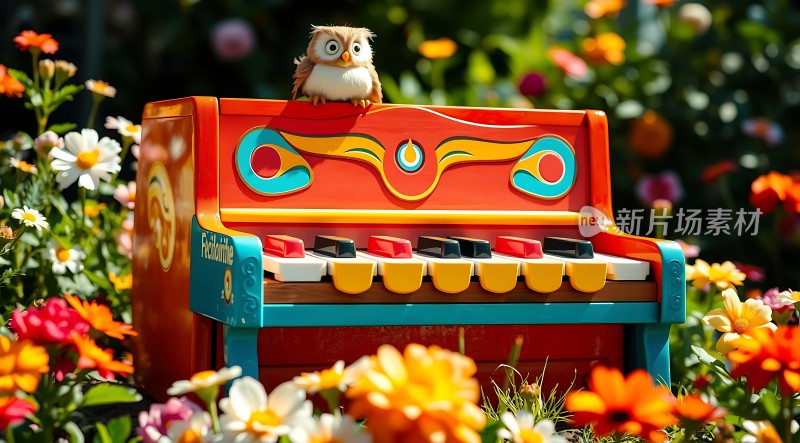 彩色钢琴与可爱小猫头鹰