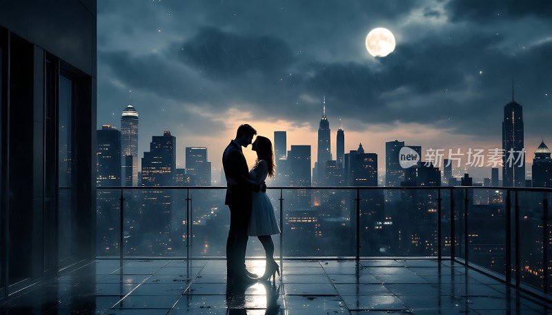 城市夜景下的浪漫拥吻