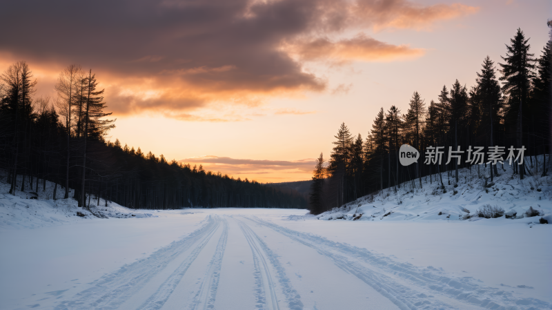 雪地道路景色雪地里铁轨