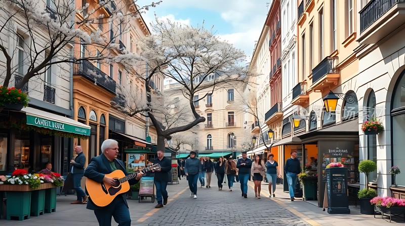 街头吉他手与春日美景