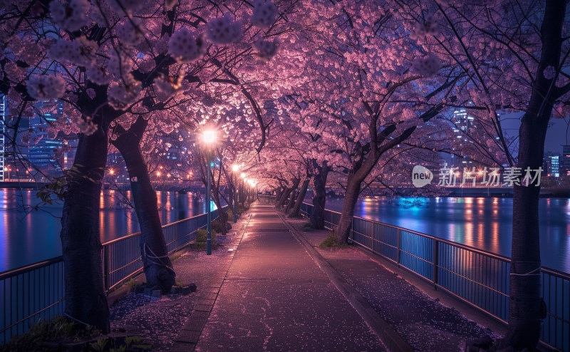 夜晚湖中路上的盛开的樱花树