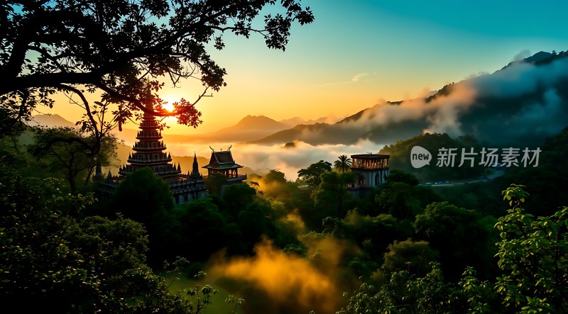 晨曦中的佛塔与云海