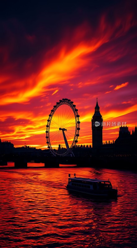 伦敦红日映天际泰晤士河畔美景如画