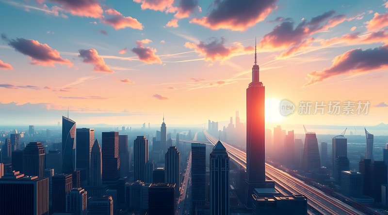 城市日出摩天大楼与云彩共舞