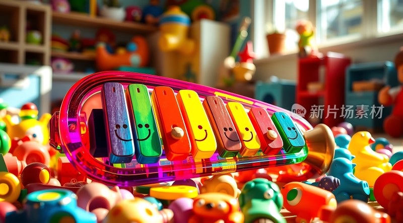 彩色钢琴键与玩具的世界