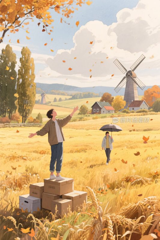 秋日田野中的两人互动场景