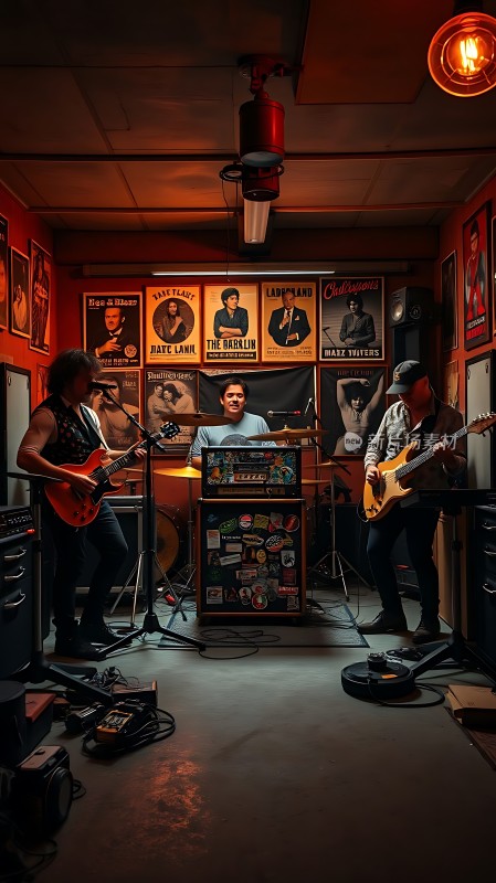 摇滚乐队现场演出三位乐手激情演奏背景墙装饰着经典音乐海报