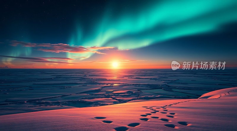 极光下的雪地日出
