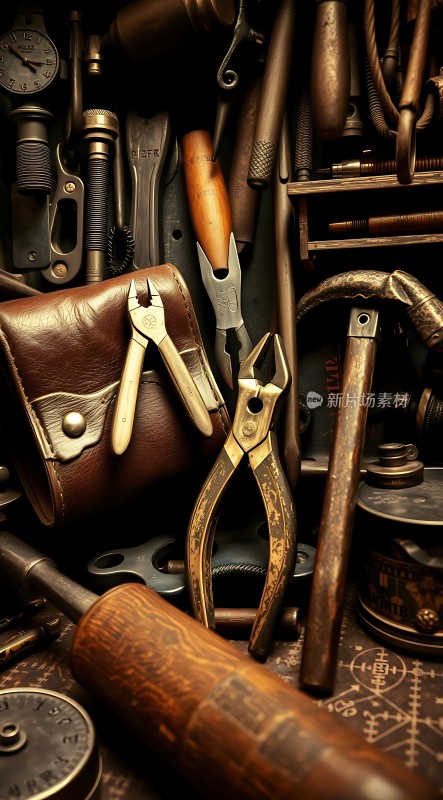 复古工具集锦皮革、钳子与金属配件