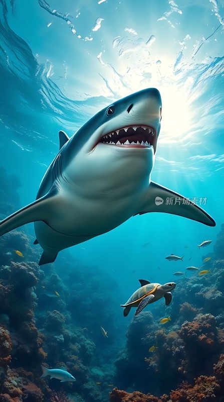 深海巨鲨与海龟共舞