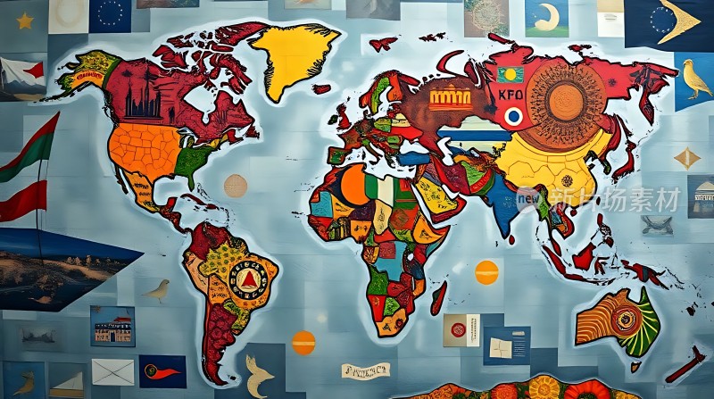 世界文化拼图多元旗帜与地标交织的地球概览