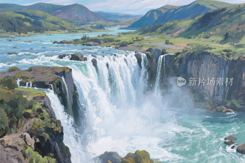 山水瀑布风景插画
