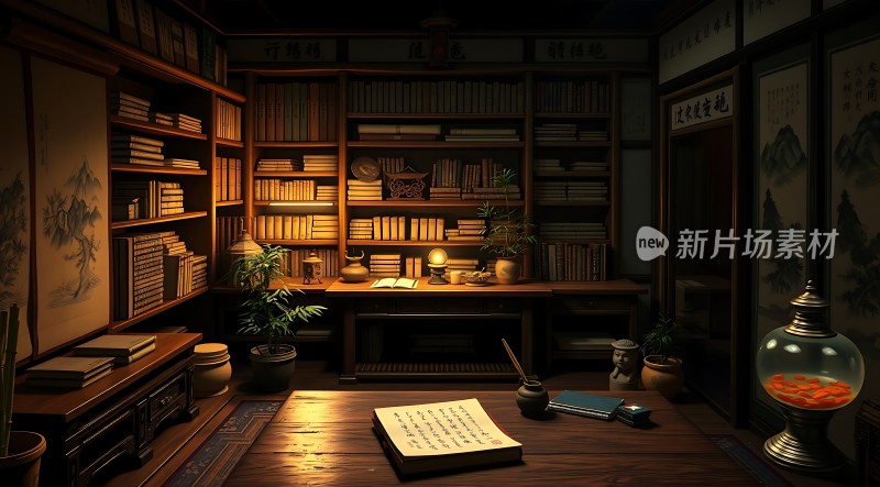 古风书房静谧雅致书卷与墨香交织