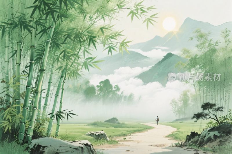 山水竹林风景插画