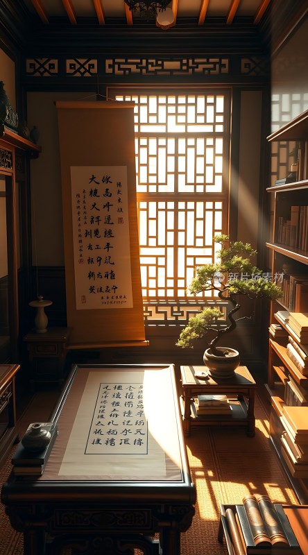 古风书房阳光洒落书卷墨香宁静致远