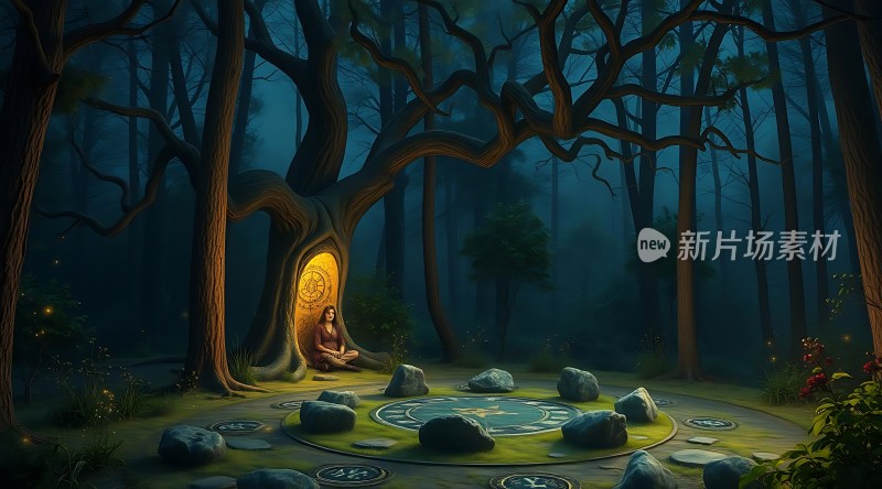 神秘森林中的古老树洞与圆形石阵