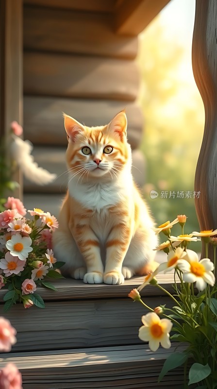 阳光下的橘猫与鲜花