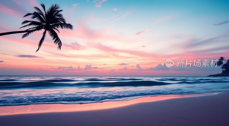 椰林晚霞映碧波