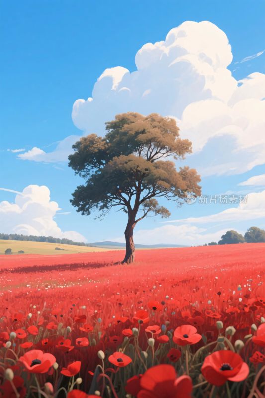 红色花田孤树风景插画
