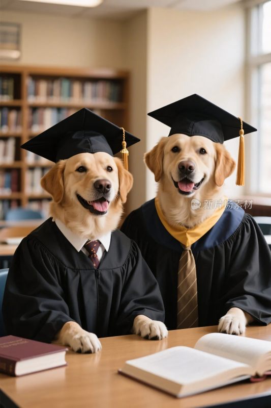 穿戴学士帽的狗狗毕业场景