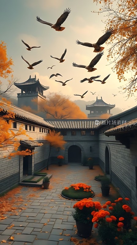 秋日古院飞鸟图