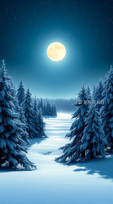 雪夜月下静谧森林