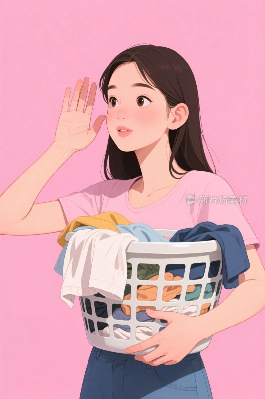 持篮洗衣的女子插画