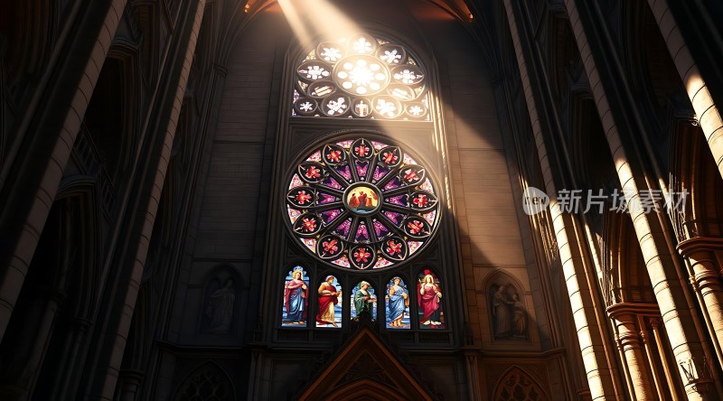 阳光洒进教堂彩色玻璃窗