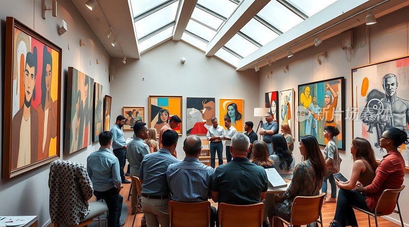 艺术馆内观众欣赏画作