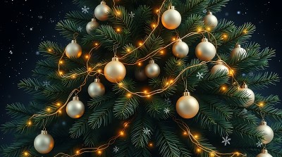 圣诞树上的金色装饰与灯光