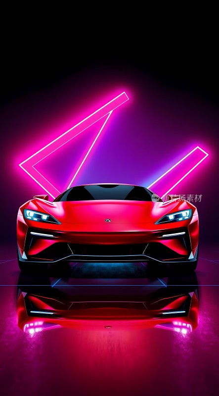 红色跑车霓虹灯背景下的速度与激情