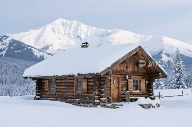 雪山木屋雪景图