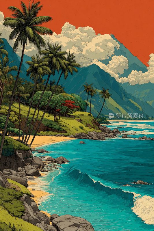 热带海边风光插画