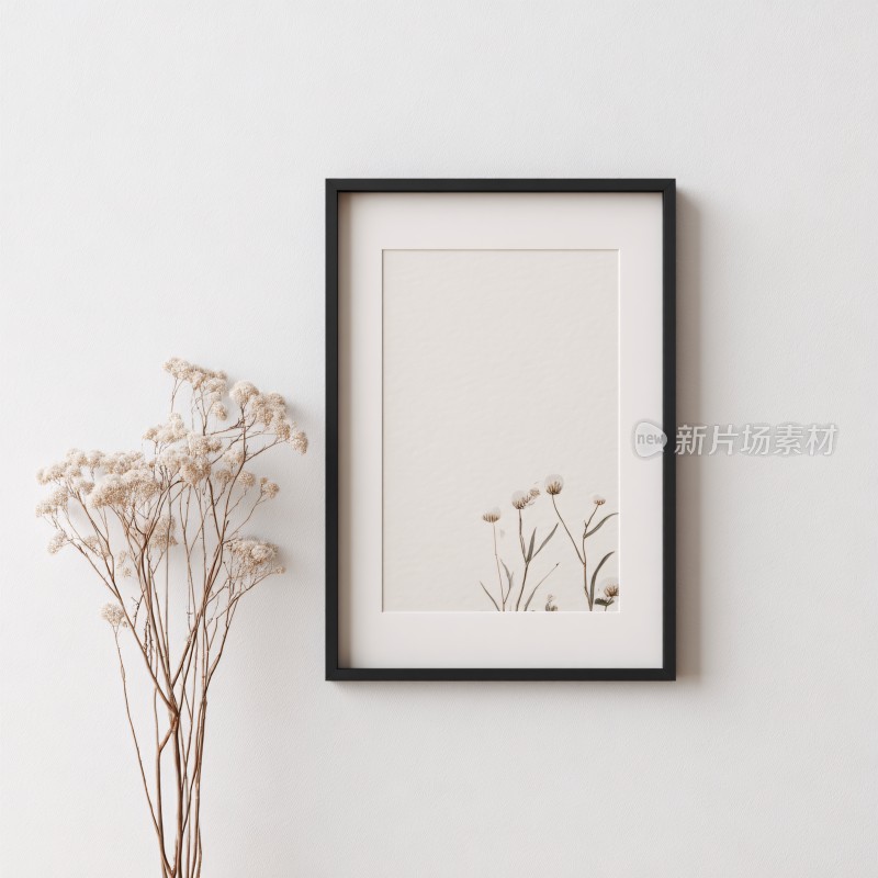 简约白墙相框与干花装饰