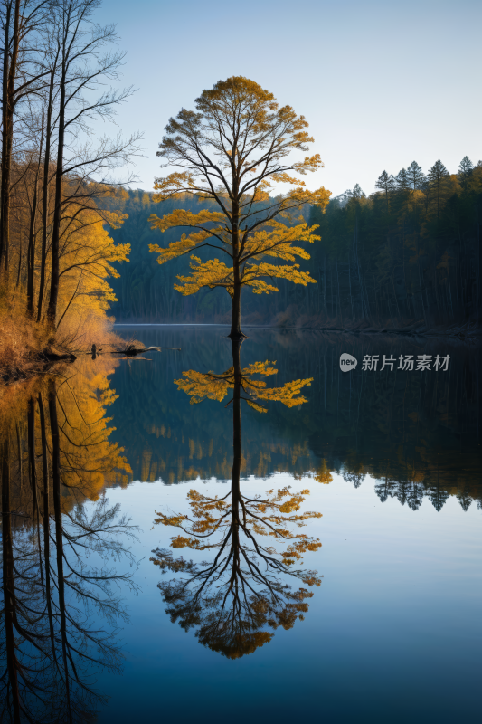 树木倒映在湖的静水中高清风景图片