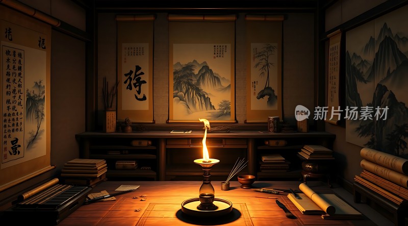 古风书房墨香四溢静待智者品茗读书