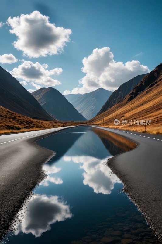 水中有山和路的倒影高清图片