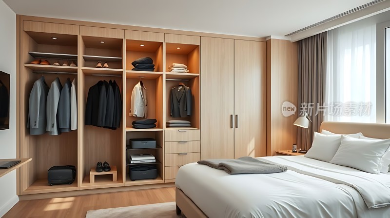 现代卧室木质衣柜与床铺