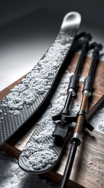 雪地上的滑雪板和滑雪杖