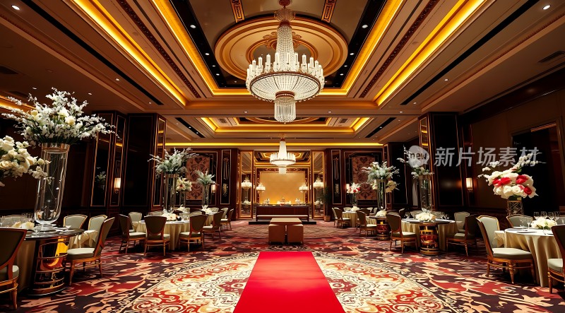 豪华宴会厅红地毯铺地水晶吊灯高悬精美桌椅排列整齐花卉装饰点缀其间