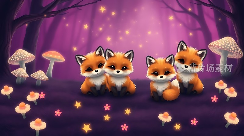 四只可爱狐狸在星空下的森林里玩耍