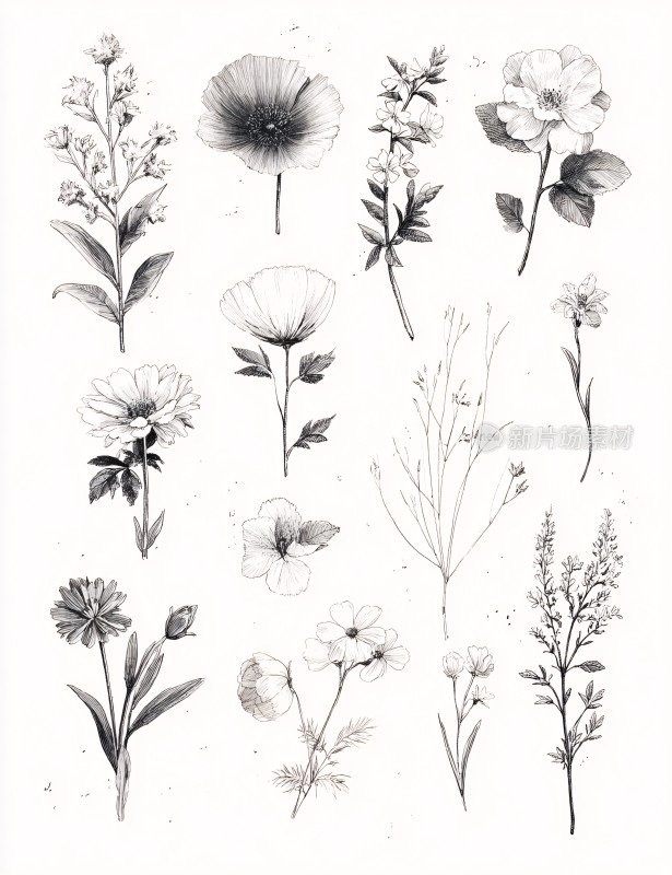 黑白手绘花卉插画集合