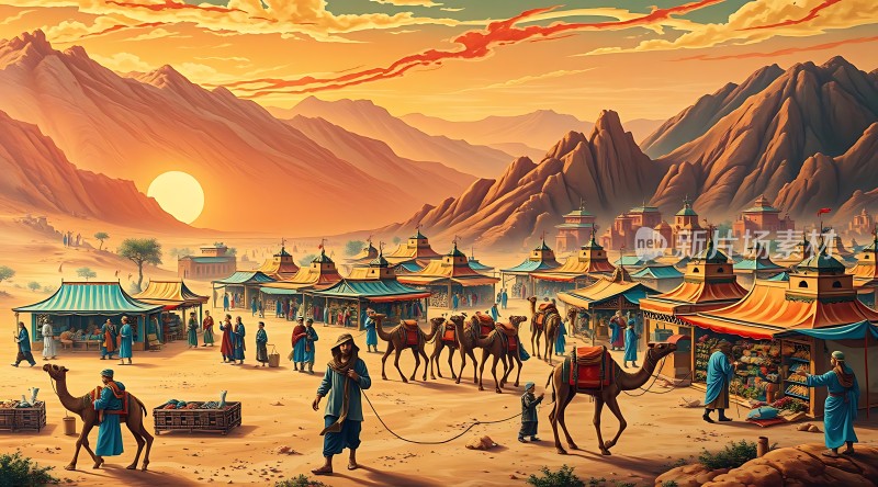 日落下的丝绸之路集市