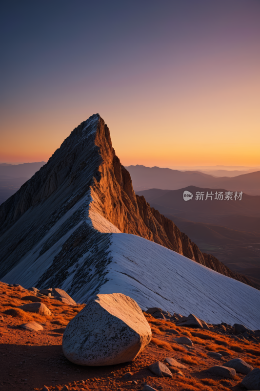 日落时分山脉被雪和岩石覆盖一座高山清风景