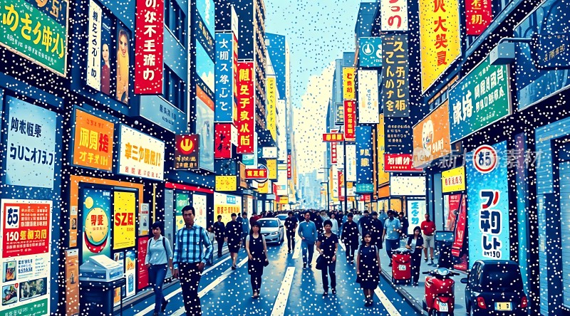 繁华都市街头霓虹闪烁人群熙攘